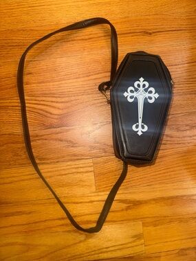 Black Coffin Crossbody Bag with White Cross Graphic